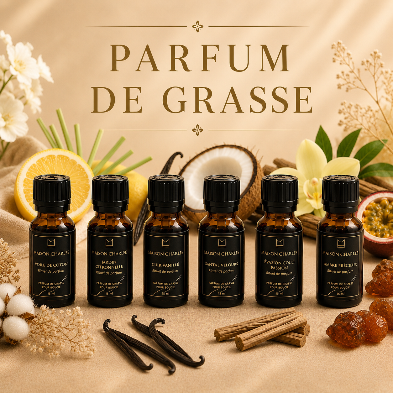 Parfums de Grasse Maison Charlee : fragrances françaises pour bougies sablées, senteurs élégantes et personnalisables pour la maison.