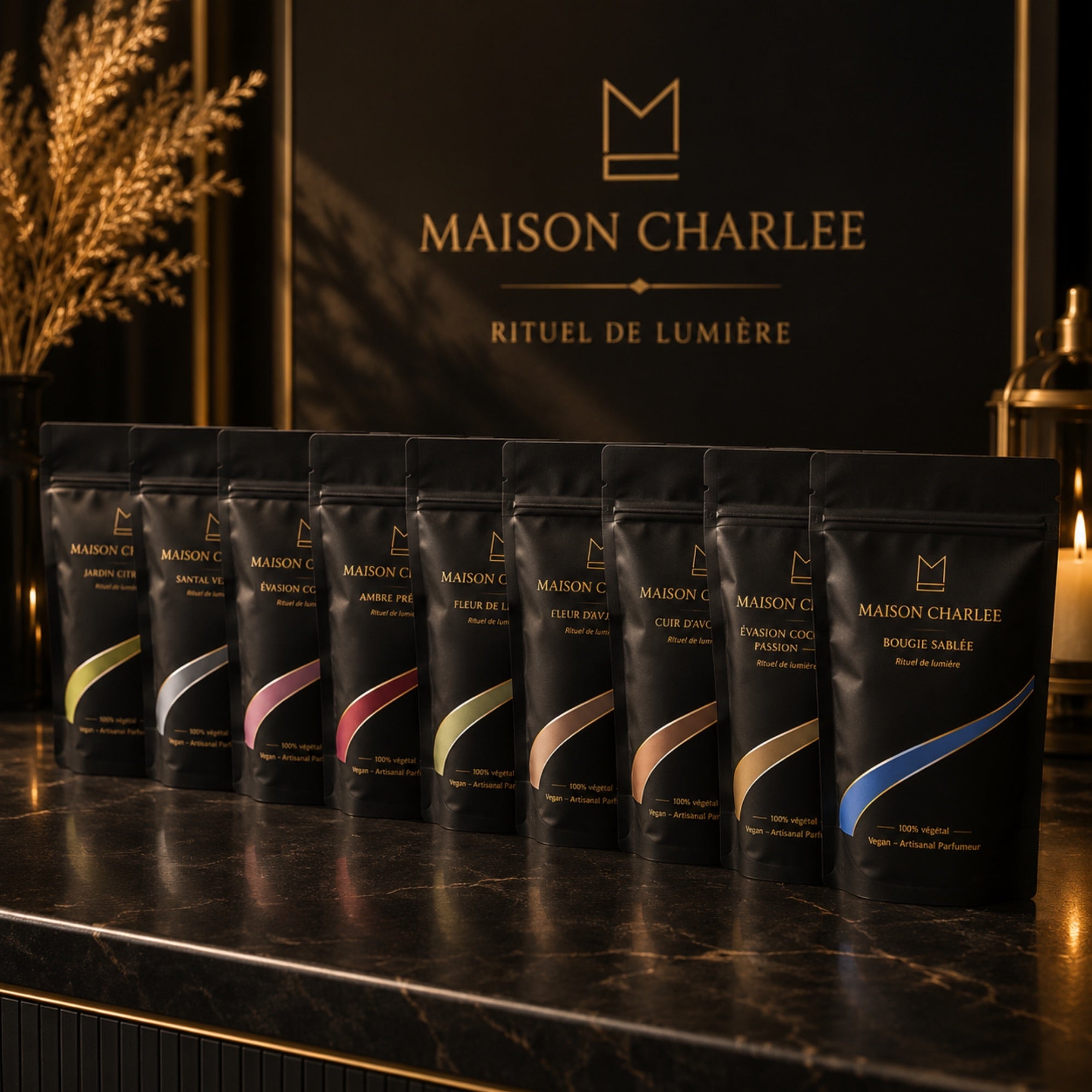 Sachet de bougie sablée végétale Maison Charlee dans une ambiance élégante et minimaliste
