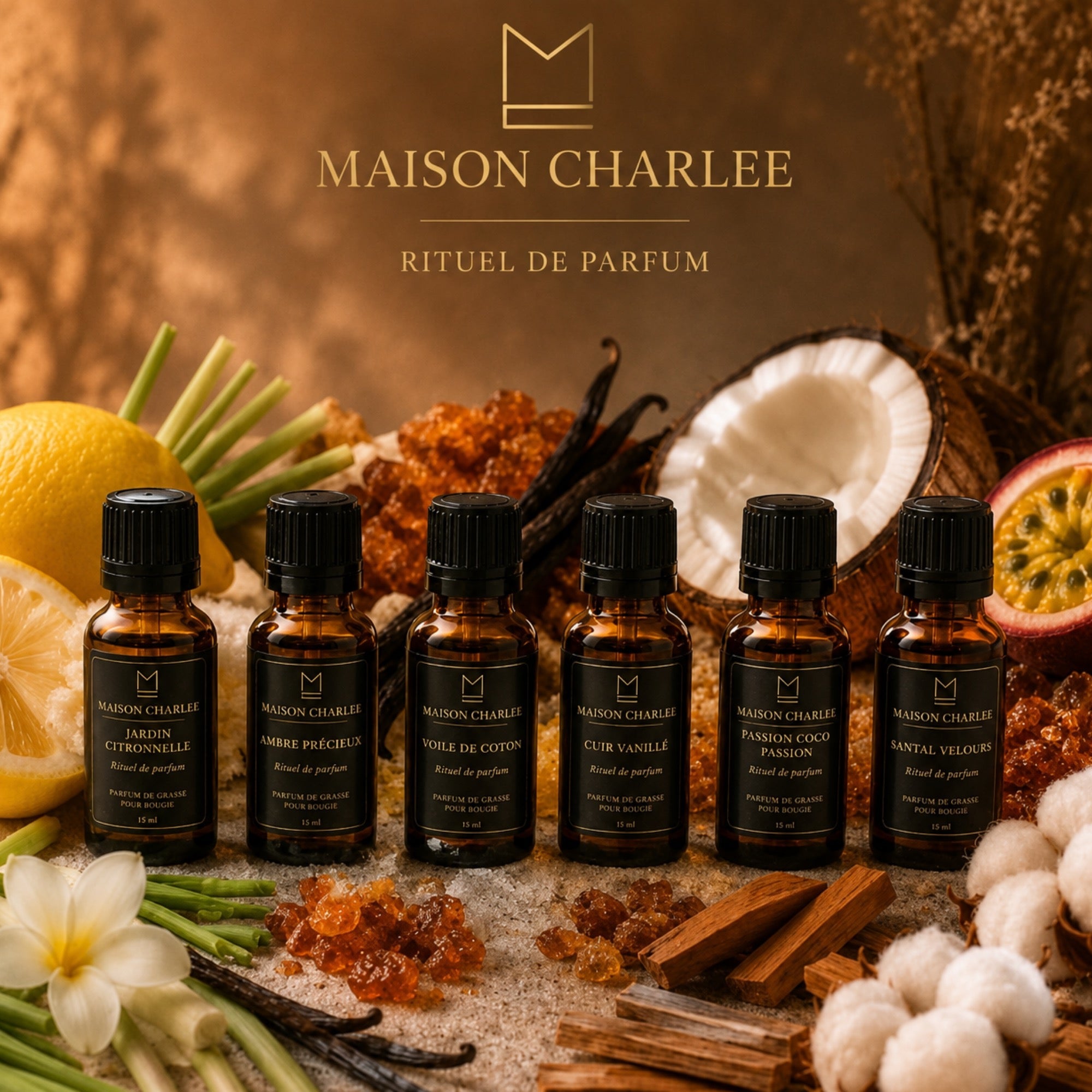 Parfums de Grasse Maison Charlee : fragrances françaises pour bougies sablées, senteurs élégantes et personnalisables pour la maison.