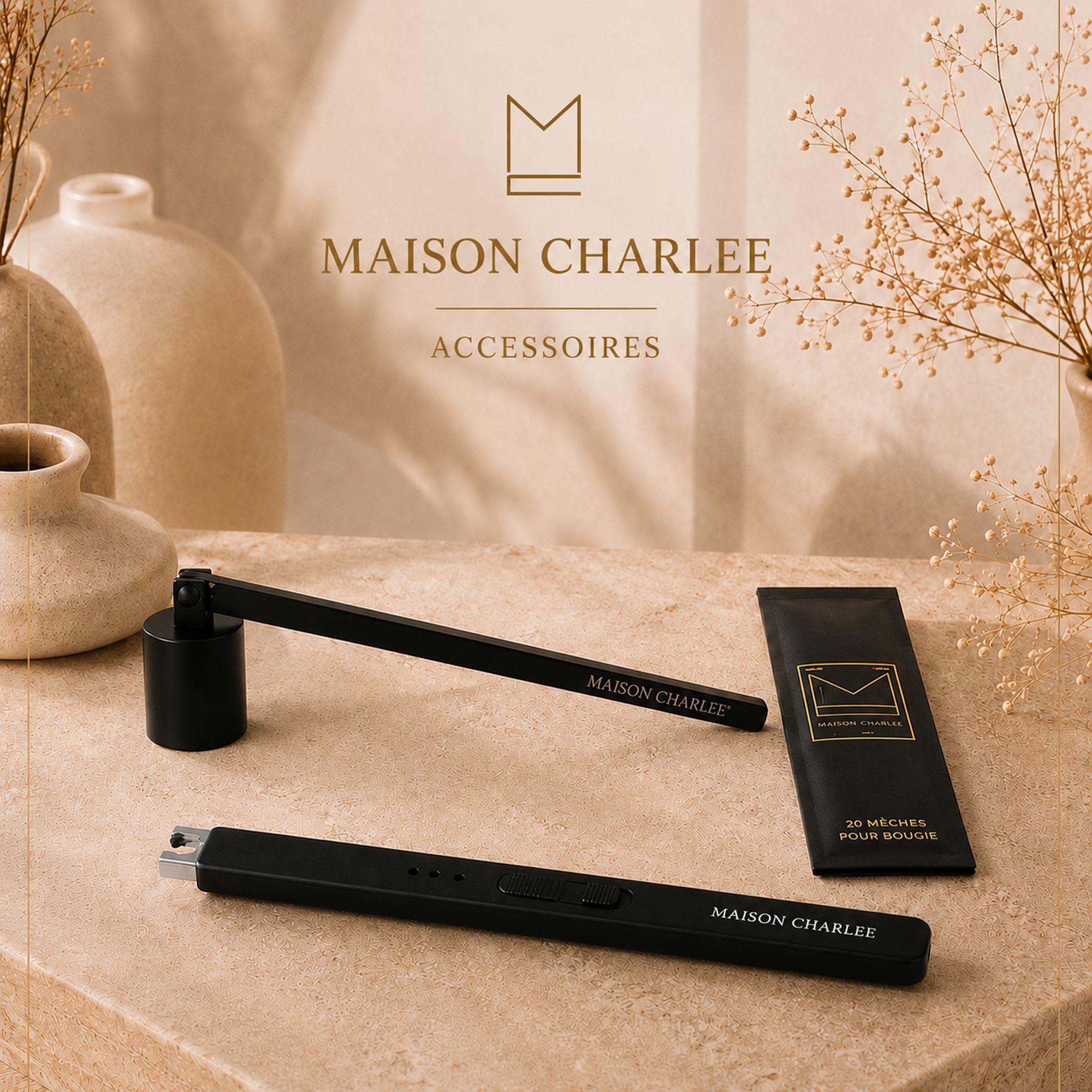 Sachet de bougie sablée végétale Maison Charlee dans une ambiance élégante et minimaliste