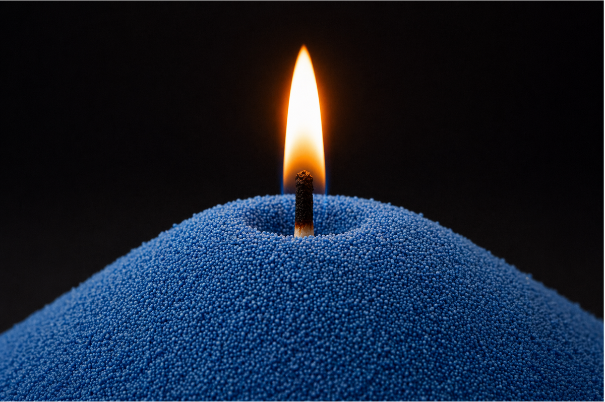Bougie sablée Bleu Azur Maison Charlee en cire végétale avec mèche allumée