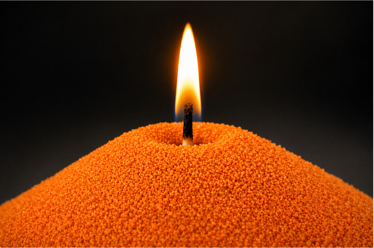 Bougie sablée Orange Ambre Maison Charlee en cire végétale avec mèche allumée
