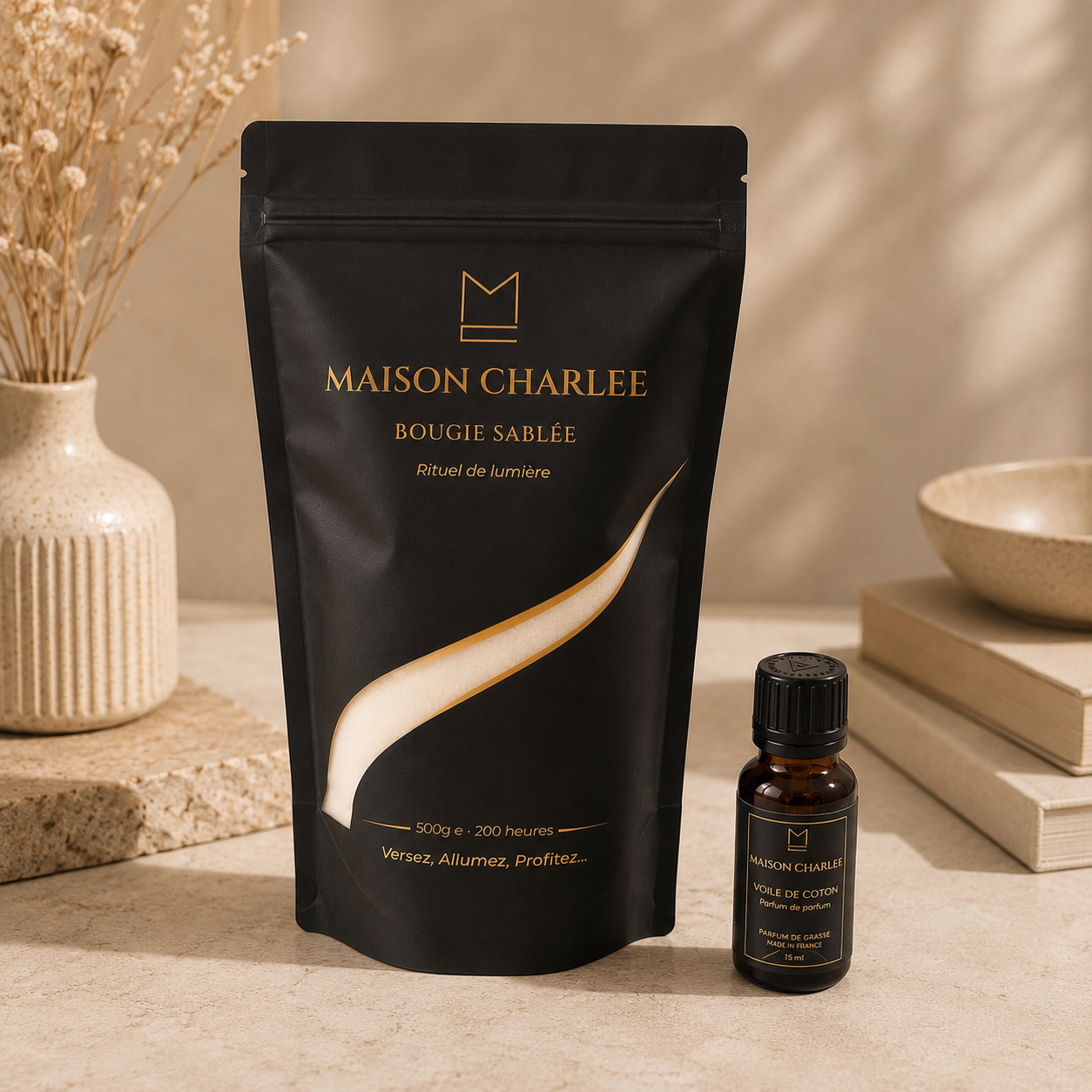     Pack Essentiel Maison Charlee – bougie sablée végétale 500 g avec parfum et mèches