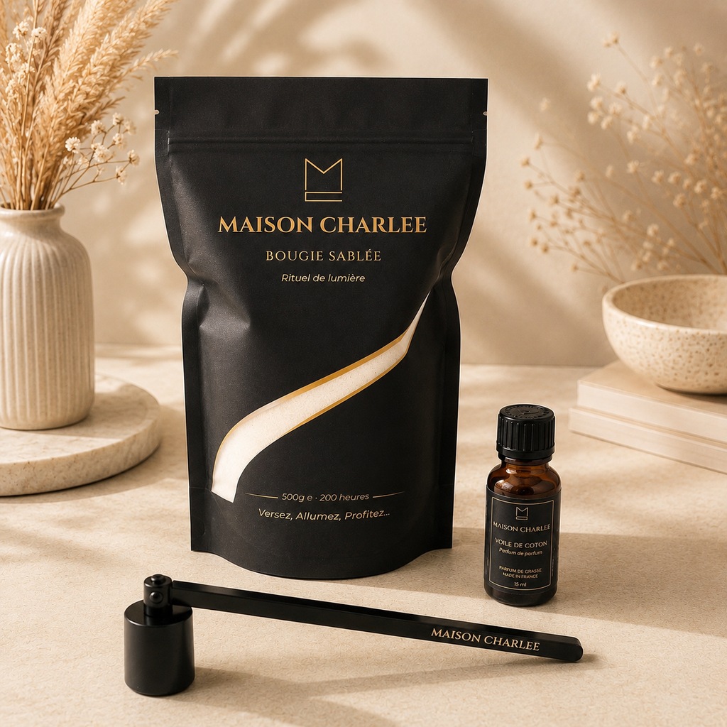     Pack Essentiel Maison Charlee – bougie sablée végétale 500 g avec parfum et mèches