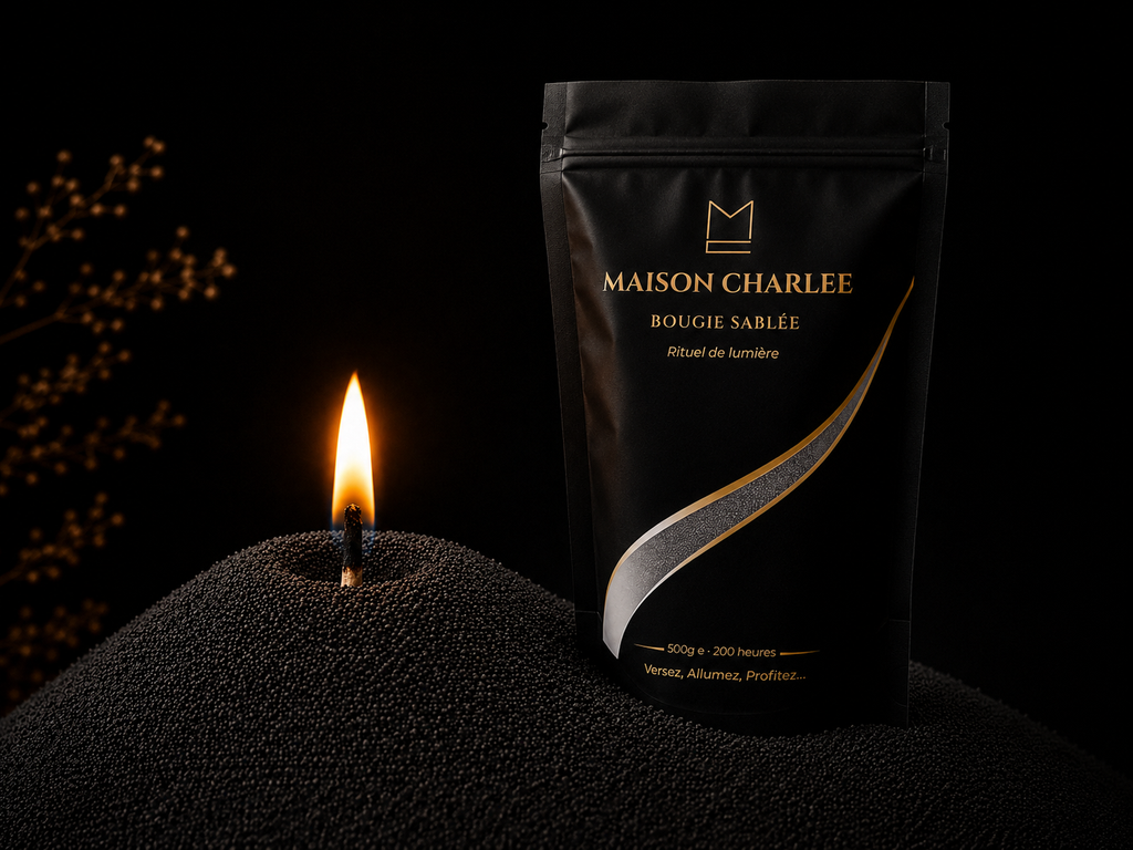 Sable de bougie Noir Profond Maison Charlee en cire 100 % végétale avec mèche allumée