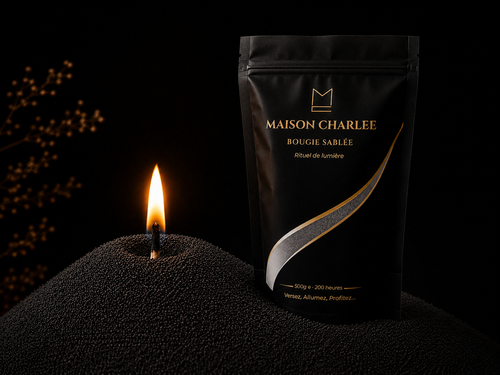 Sable de bougie Noir Profond Maison Charlee en cire 100 % végétale avec mèche allumée