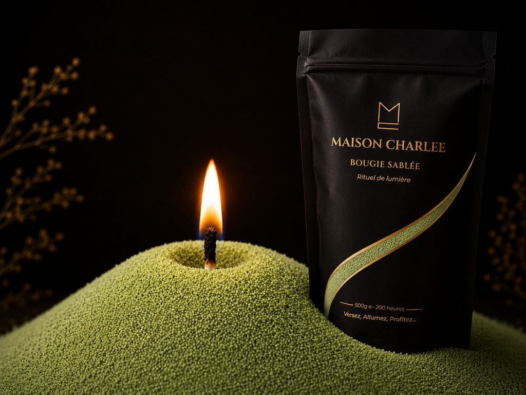 Sable de bougie Vert Sauge Maison Charlee en cire 100 % végétale avec mèche allumée