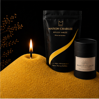 Bougie sablée Jaune Lumière Maison Charlee en perles de cire végétale