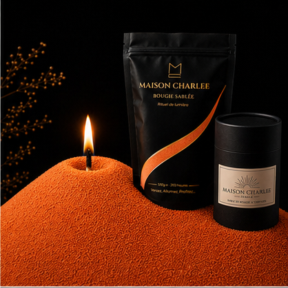 Bougie sablée Orange Ambre Maison Charlee – Doypack 500 g et boîte 250 g