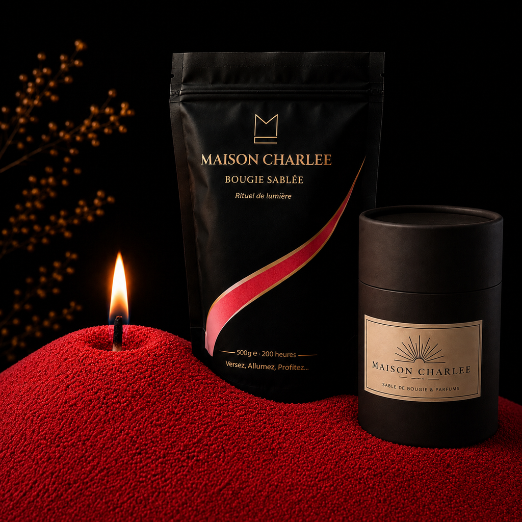 Bougie sablée Rouge Intense Maison Charlee avec Doypack 500 g et boîte 250 g