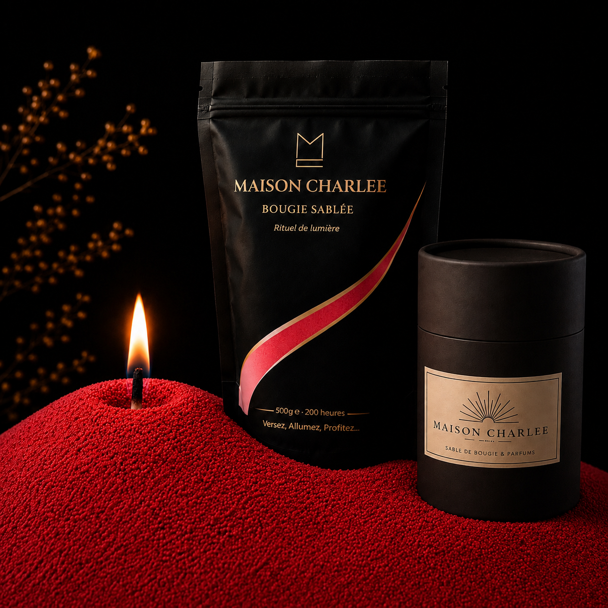 Bougie sablée Rouge Intense Maison Charlee avec Doypack 500 g et boîte 250 g
