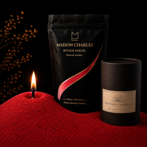 Bougie sablée Rouge Intense Maison Charlee avec Doypack 500 g et boîte 250 g