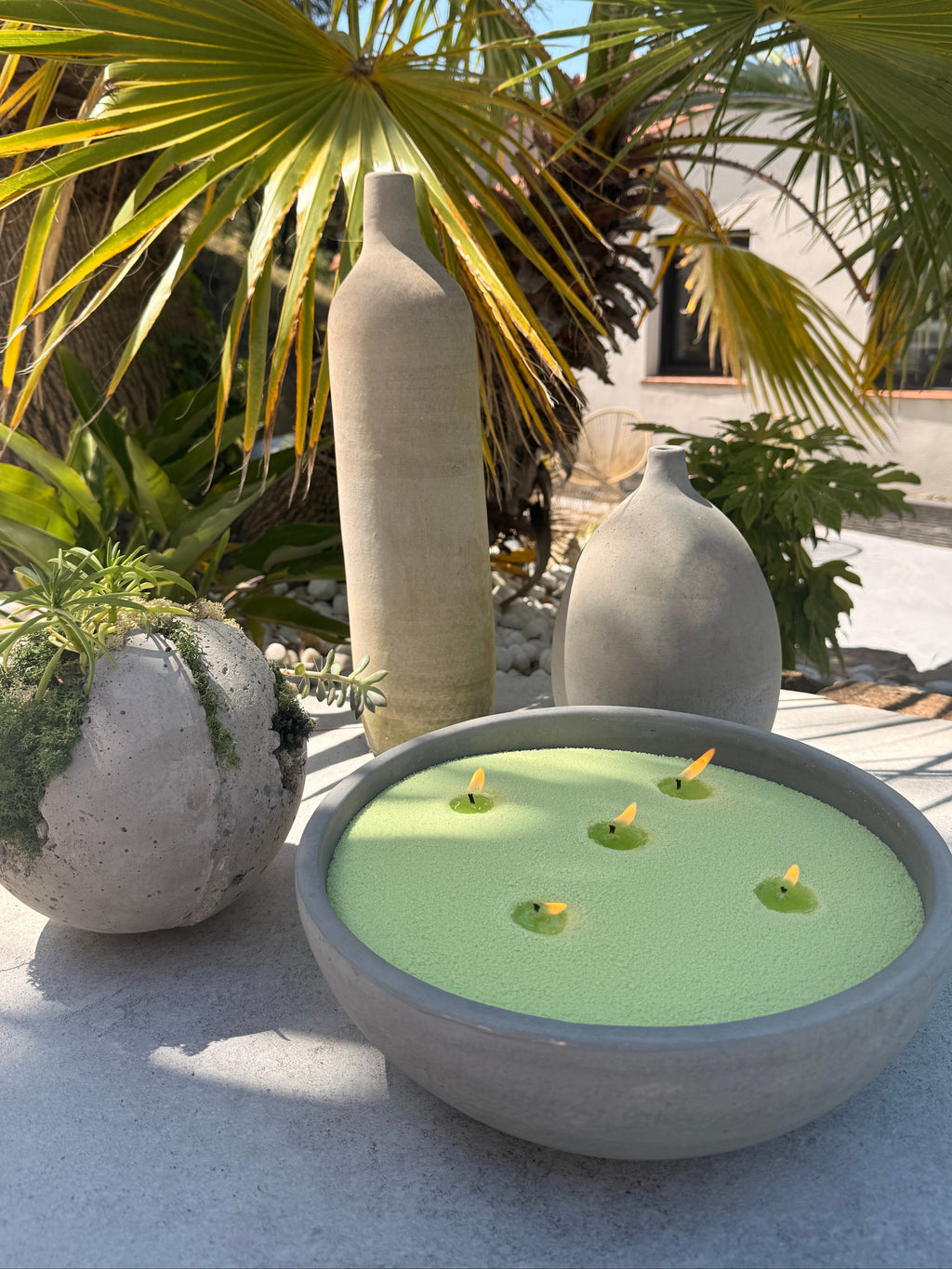 Bougie sablée Vert Sauge Maison Charlee dans une vasque décorative en extérieur, entourée de plantes méditerranéennes et de palmiers.