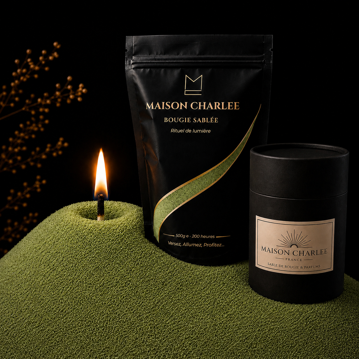 Bougie sablée Vert Sauge Maison Charlee avec Doypack 500 g et boîte 250 g