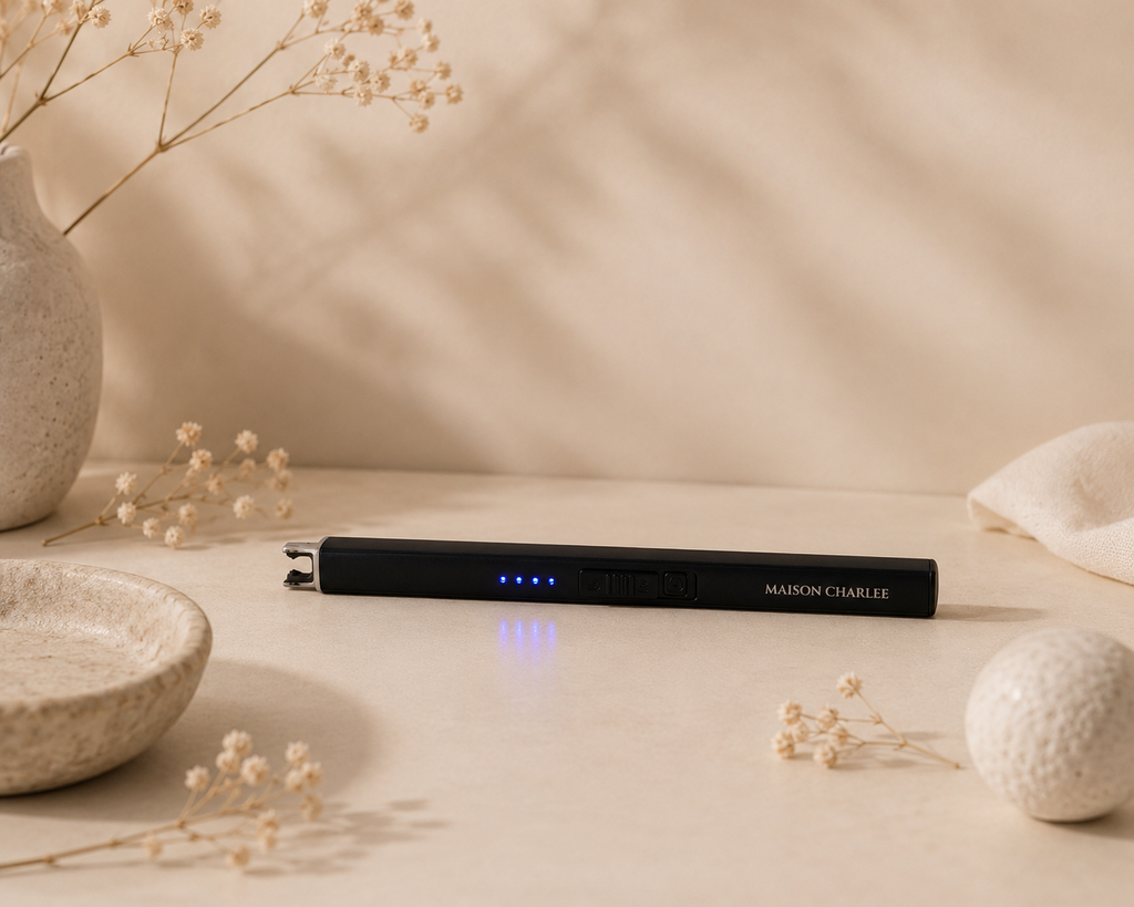 Briquet électrique USB rechargeable Maison Charlee pour bougie sablée, accessoire premium noir mat rechargeable.