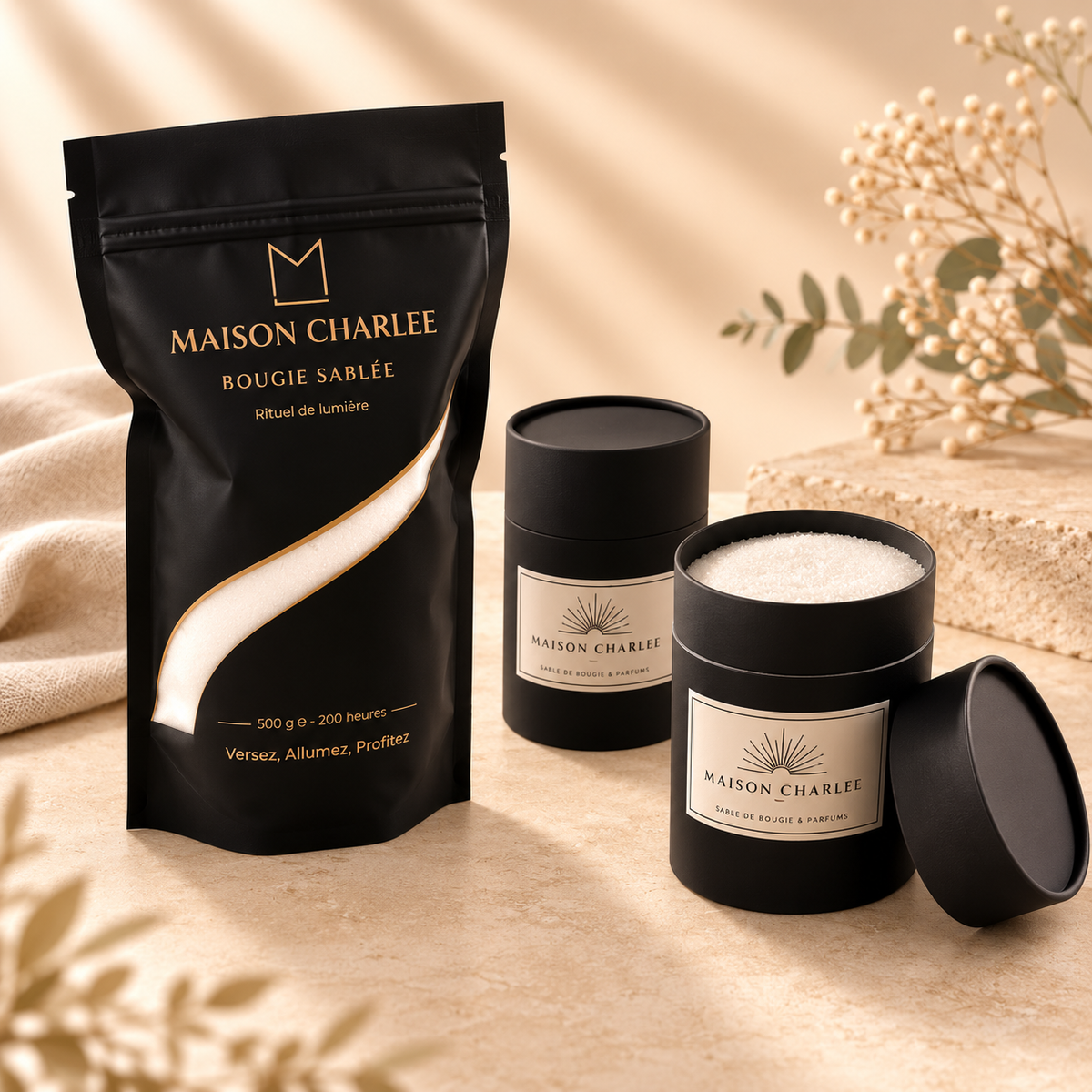 Recharges et boîtes de bougie sablée Maison Charlee