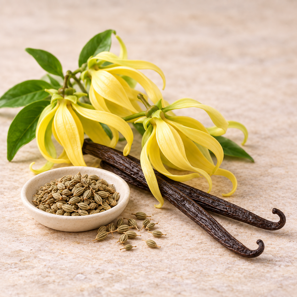 Fleurs d’ylang-ylang, graines d’anis et gousses de vanille illustrant les notes du parfum pour bougie Musc Poudré Maison Charlee.