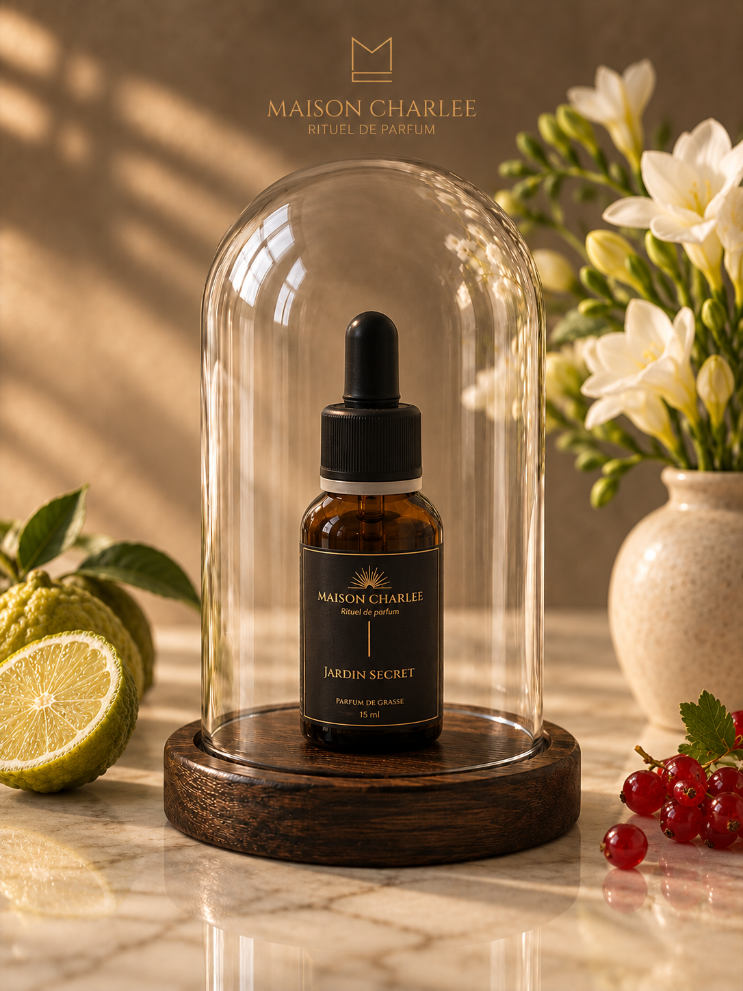 Parfum pour bougie Jardin Secret Maison Charlee en flacon à pipette sous cloche en verre, entouré de freesias, de bergamote et de groseilles
