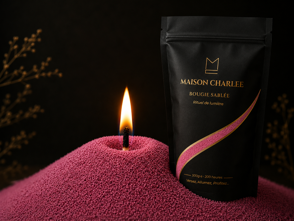 Bougie sablée Rose Éclat Maison Charlee avec cire végétale rose et mèche allumée
